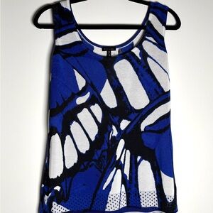 Vintage Escada Abstract Print Knit Tank Top Blue White Black Sleeveless M